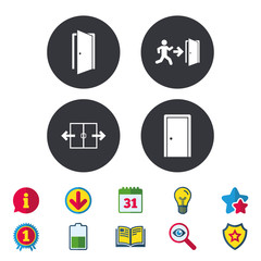 Doors signs. Emergency exit with arrow symbol.