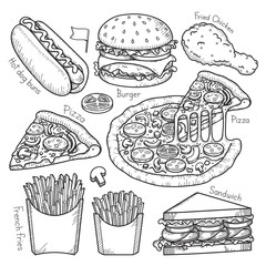Fast food doodle elements hand drawn style. Vector Illustrations.