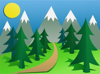Cartoon mountain landscape with cut out paper elements