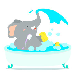Happy elephant cartoon take a bath in tub vector.