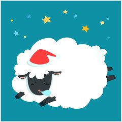 Fluffy sheep cartoon sleeping at night sky with star vector.