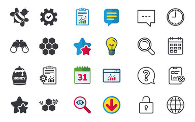 Honey icon. Honeycomb cells with bees symbol.