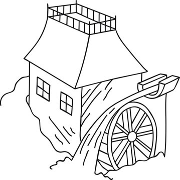 Hand drawn doodle water mill, sketch, vintage style, rural, coloring illustration for adults and kids