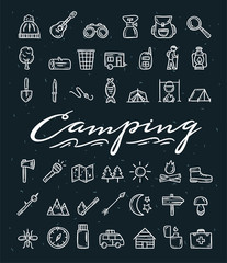 Camping hand drawn icons. Camping and picnic doodle illustrations on dark illustrations