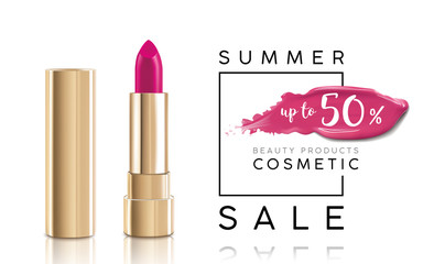 Cosmetics sale banner with lipstick and pink smear. Fashion sale discount illustration.