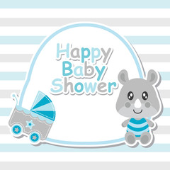 Cute baby rhino and baby cart on frame vector cartoon illustration for baby shower card design, postcard, and wallpaper