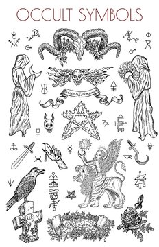 Graphic set with occult symbols and illustrations
