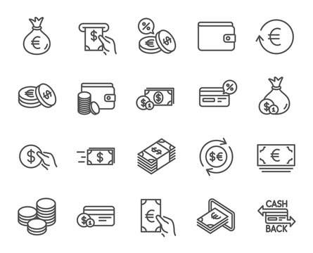 Money line icons. Credit card, Cash and Coins.