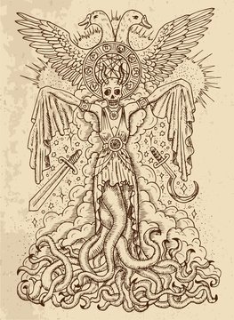 Mystic drawing with evil goddess or female demon with tentacles, skull and mystic spiritual symbols on texture background