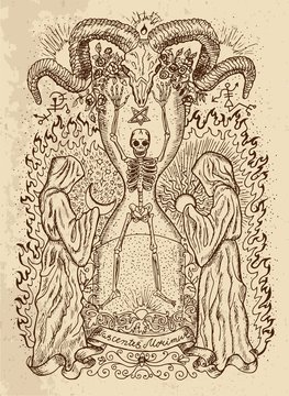 Mystic drawing with human skeleton in sandglass, monks with sun and moon, devils head and spiritual symbols on texture background