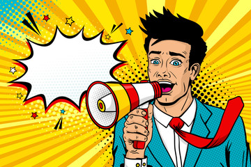 Wow pop art male face. Young handsome man with open mouth, flying tie, megaphone screaming announcement and empty speech bubble. Vector background in comic retro pop art style. Invitation poster. - 167076331