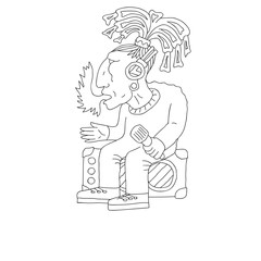 Indian tribe chief aztec fire coming from mouth, holding microphone, sitting on stereo amplifiers, doodle, hand drawn sketch, cartoon type, conceptual