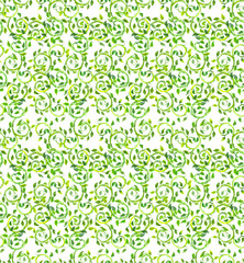 Creative spring seamless design with green leaves and scrolls. Watercolor