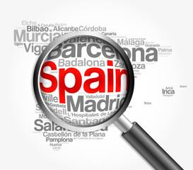 Fototapeta premium List of cities and towns in SPAIN, map word cloud with magnifying glass, business and travel concept 3D illustration