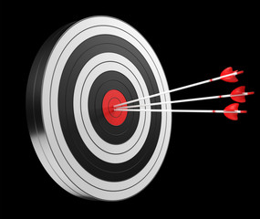 3D rendering target black white and red target with arrows