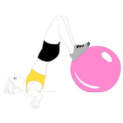 The girl is doing sports exercises with fitness ball isolated on white background. Vector illustration.