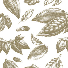 Cocoa seamless pattern, retro style sketch vector illustration. Colonial goods. Eco packaging background, colonial goods.