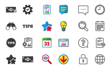 Tips icons. Cash with coin money symbol.