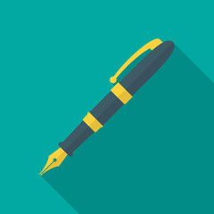 Pen icon with long shadow. Flat design style. Fountain pen simple silhouette. Modern, minimalist icon in stylish colors. Web site page and mobile app design vector element.