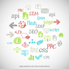 Multicolor doodles Hand Drawn Site Development Icons set on White. EPS10 vector illustration.
