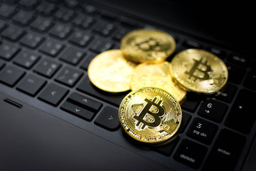 Golden Bitcoins on computer keyboard background.