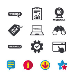Webinar icons. Web camera and notebook pc signs.