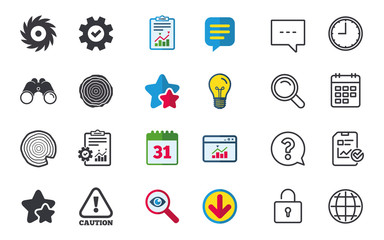 Wood and saw circular wheel icons. Attention.