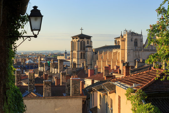 Rooftops, chimneys and cathedral St. Jean Baptiste in Vieux Lyon, the old town of Lyon. France.