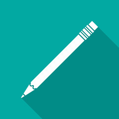 Pencil icon with long shadow. Flat design style. Pencil simple silhouette. Modern, minimalist icon in stylish colors. Web site page and mobile app design vector element.