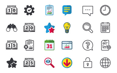 Cookbook icons. Twenty five recipes book sign.