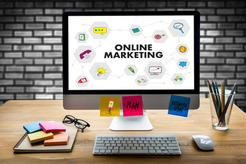 ONLINE MARKETING man on computer Advertisement Social On line Market word  Startup Marketing Online Project