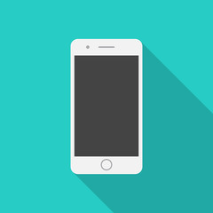 Mobile phone icon with long shadow. Flat design style. Smart phone simple silhouette. Modern, minimalist icon in stylish colors. Web site page and mobile app design vector element.