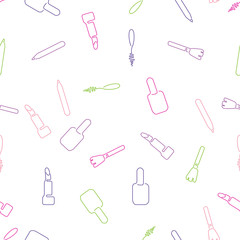 Stylish outline beauty icons. Seamless pattern symbols on a white background.