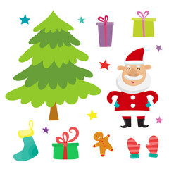Vector set with santa claus, christmas tree and  presents collec