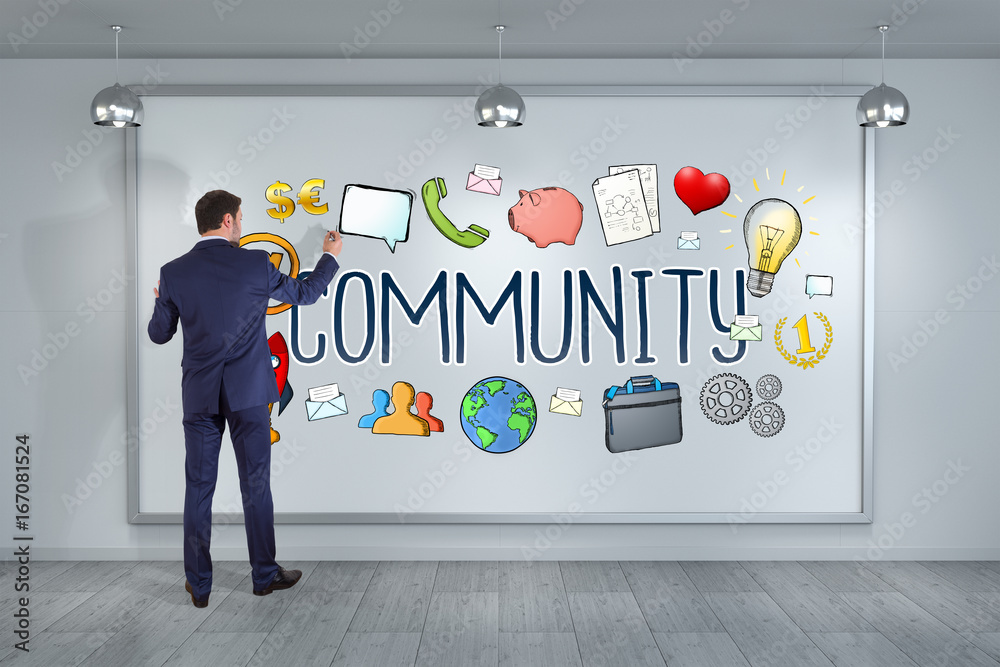 Poster businessman drawing social network sketch on a board 3d rendering
