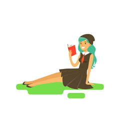 Young beautiful female student with long turquoise hair sitting on the grass and reading a book vector Illustration