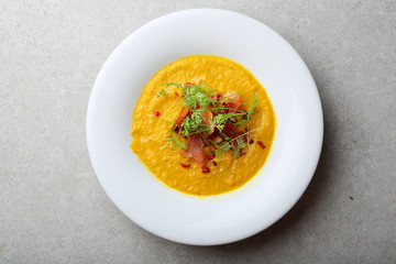 Hot pumpkin soup top view
