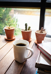coffee cup, book and cactus at windows