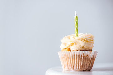 close-up view of delicious cupcake with candle isolated on grey
