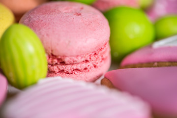 close-up view of delicious colorful cookies at festive table