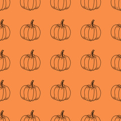 Pumpkin pattern. Vector contour graphics on an orange background