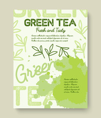 Green tea poster or banner typography design. Creative illustration with liquid tea splashes for breakfast menu, vitamin shop, other