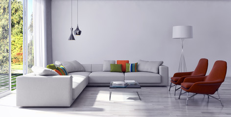 Modern bright living room, interiors. 3D rendering