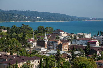 Fototapeta na wymiar Day aerial cityscape of Sukhum downtown, Abkhazia in summer, Black sea coast