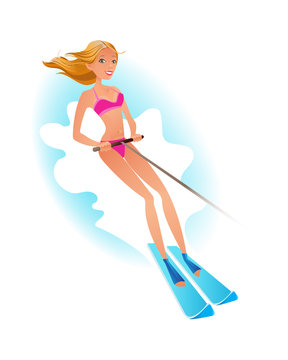 Girl Actively Spends Time, Rests, Swims, Swims On Water Skiing.