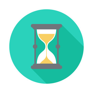Sand watch circle icon with long shadow. Flat design style. Sand watch simple silhouette. Modern, minimalist, round icon in stylish colors. Web site page and mobile app design vector element.