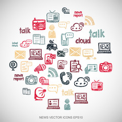 Multicolor doodles Hand Drawn News Icons set on White. EPS10 vector illustration.