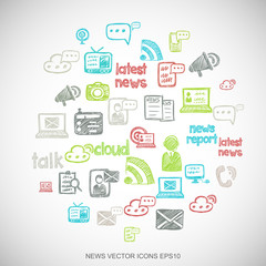 Multicolor doodles Hand Drawn News Icons set on White. EPS10 vector illustration.