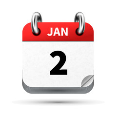 Bright realistic icon of calendar with 2 january date isolated on white