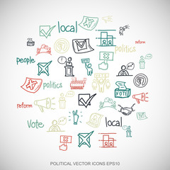 Multicolor doodles Hand Drawn Politics Icons set on White. EPS10 vector illustration.